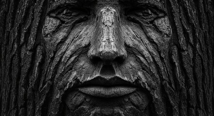 A face carved out of wood with a very dark and moody appearance