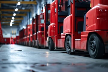 Fototapeta premium Row Of Red Industrial Trucks In A Warehouse Setting With Metallic Details