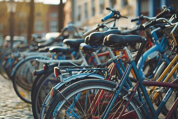 Obraz premium Row Of Parked Bicycles In Sunlight With Colorful Frames And Wheels