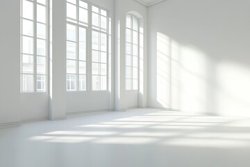 Spacious, sunlit room with large windows