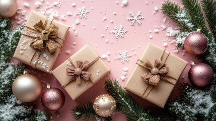Beautifully Wrapped Presents on Pink Background with Christmas Decor