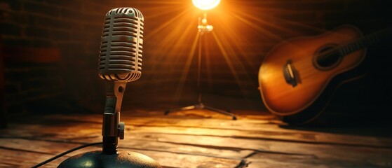 Vintage microphone and guitar in warm spotlight setting
