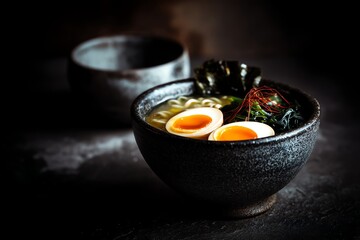 Delicious bowl of ramen with soft-boiled eggs.