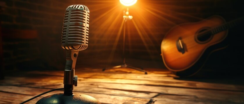 Vintage microphone and guitar in warm spotlight setting