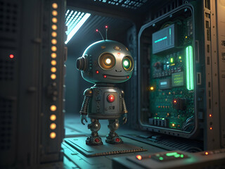 Robot Standing in Futuristic Setting with Glowing Lights