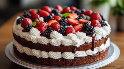 Delicious Layered Chocolate Cake with Berries and Whipped Cream Topping