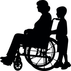 Silhouette of Elderly Woman in Wheelchair with Child Assisting, Black and White