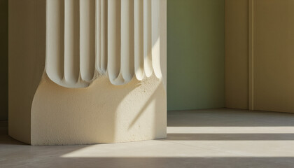 Modern interior design architecture photography: Sunlight casts long shadows across a textured, sculpted column with a flowing, organic design, set against a softly colored, minimalist interior.