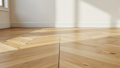 Modern interior design architecture photography: Sunlight streams through a window, illuminating a room with light beige walls and a warm-toned, herringbone-patterned wooden floor.