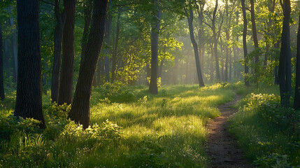 Obraz premium Sunlit Path Through Lush Forest