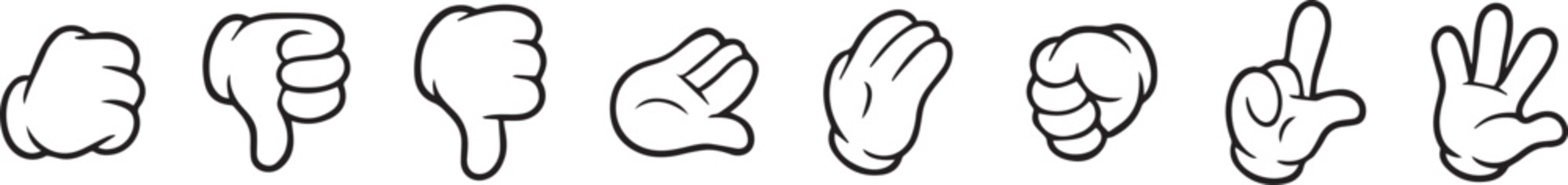 8 Cartoon Glove Hand Gesture collection Unique Black and White Pose Illustrations editable colors