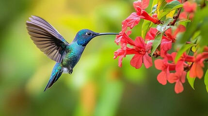 Fototapeta premium Vibrant hummingbird hovering near crimson flowers.