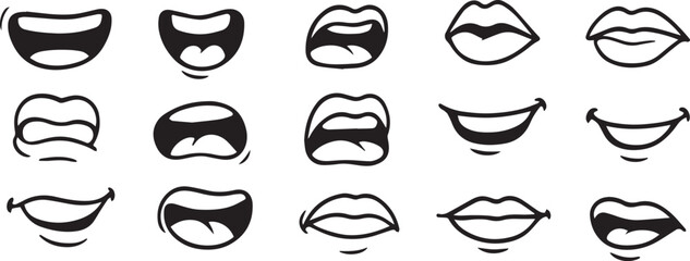 A Collection of 15 Unique Cartoon Mouth Expressions in Black and White - Vector Style on White editable colors