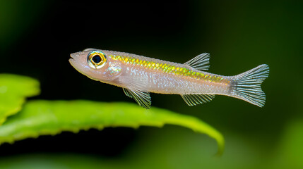 Fototapeta premium Small Fish In Aquarium With Green Leaves