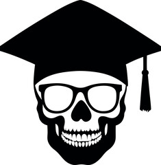 Skull BlackandWhite in Mortarboard and Eyeglasses Minimalist Design