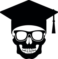Skull with Glasses and Mortarboard Cap, Black and White Icon, Creepy, Smart