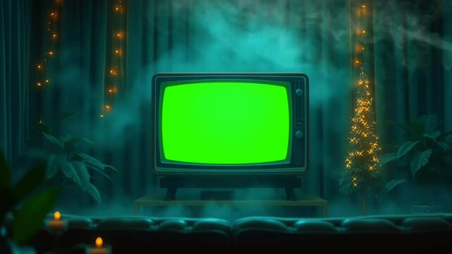 green screen tv in living room with lighting and plants. smooth looping 4K video