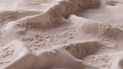 Delicate Floral Motifs on Pink Fabric with Mesh Texture and 3D Flowers