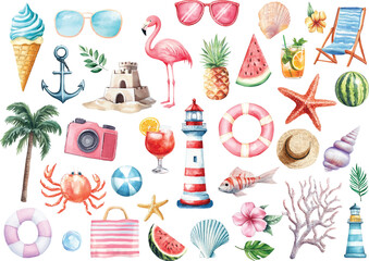 Watercolor Summer Beach Clipart. Summer Vacation