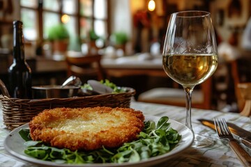 A Delicious Wiener Schnitzel with a Glass of White Wine at a Rustic Restaurant