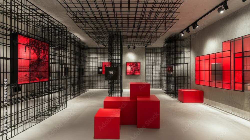 Poster dynamic modern display space using red cubes and black metal grids as art display surfaces