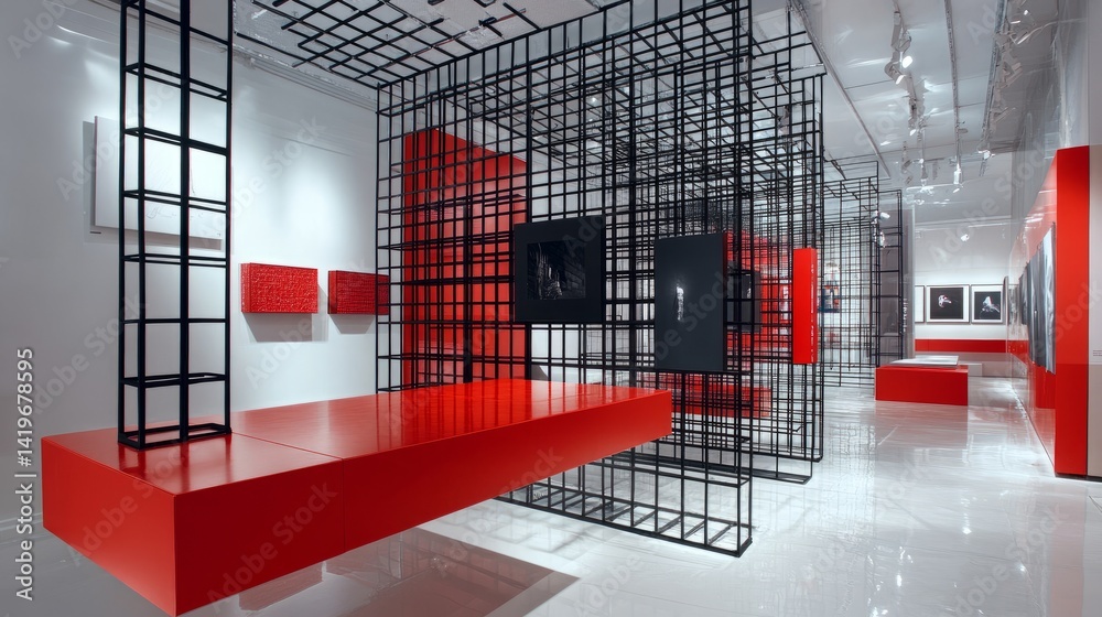 Poster dynamic modern display space using red cubes and black metal grids as art display surfaces