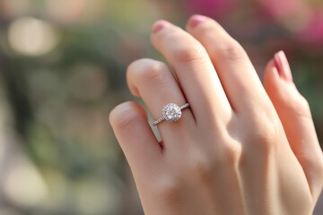 Elegant hand wearing a diamond engagement ring.