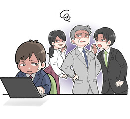 職場で陰口を叩かれ居心地悪く感じているスーツ姿の男性イラスト