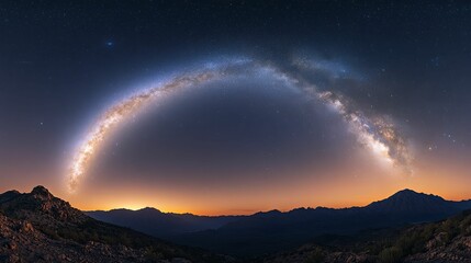 Celestial arch over a mountain range at dawn.