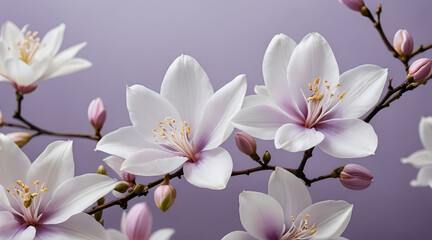 Elegant floral arrangement with white and pink lilies on a soft purple background. Serene, botanical design with copy space.
