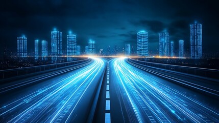 Fototapeta premium Futuristic city skyline at night with glowing roads, showcasing modern architecture and vibrant lights