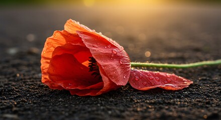 Vibrant Red Poppy with Faded Petals and Water Droplets on Dark Soil &ndash; High-Definition Nature Photography with Warm Sunlight