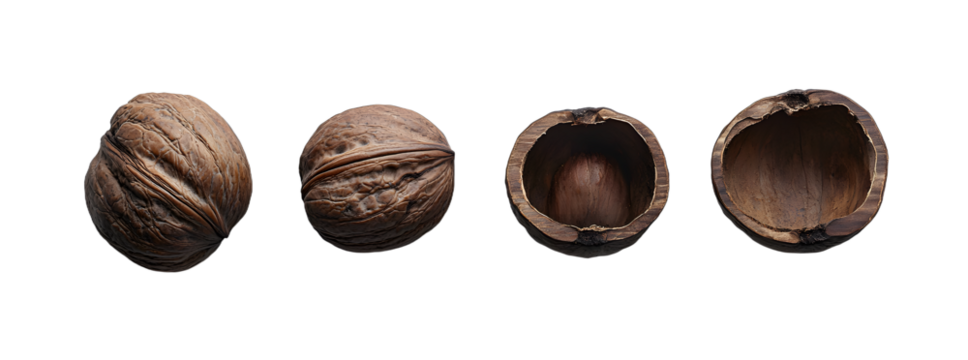 Close-up view of whole and cracked walnut shells, showcasing their texture and structure, ideal for culinary and natural themes