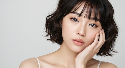 Naklejka premium Young Asian Woman Delicate Features Fair Skin Soft Gaze Natural Makeup Short Wavy Bob French Bangs White Spaghetti Strap Top Soft Lighting Plain Background Minimalist Style