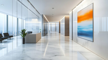 Modern Office Interior Featuring Spacious Hallway With Marble Flooring And Abstract Artwork In A Bright Highrise Building Overlooking The Cityscape