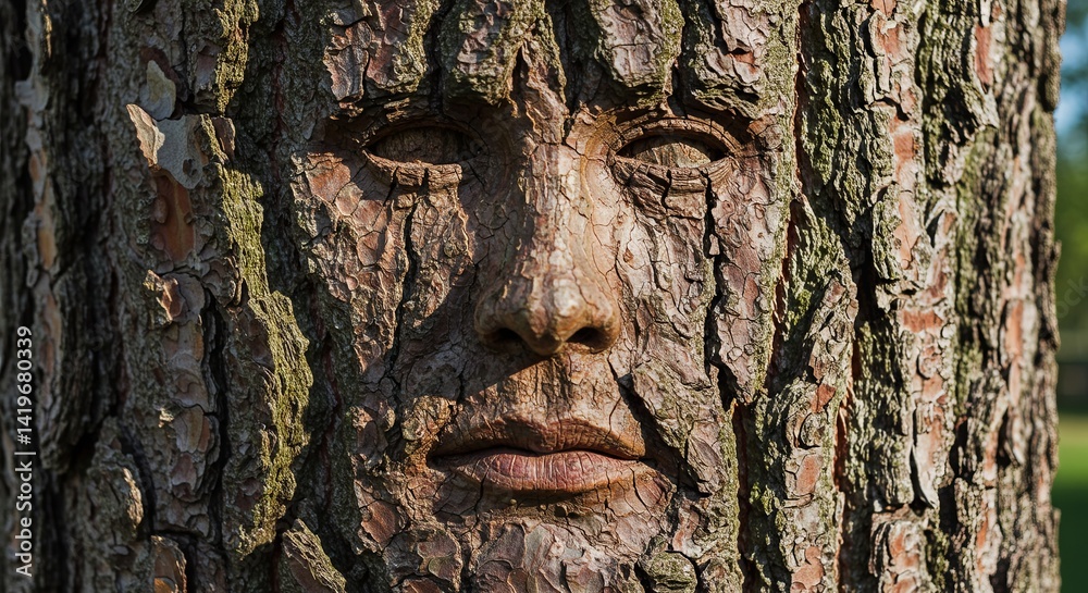 Poster a tree trunk has been carved into a face