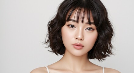 Young Asian Woman Delicate Features Fair Skin Soft Gaze Natural Makeup Short Wavy Bob French Bangs White Spaghetti Strap Top Soft Lighting Plain Background Minimalist Style