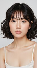 Fototapeta premium Young Asian Woman Delicate Features Fair Skin Soft Gaze Natural Makeup Short Wavy Bob French Bangs White Spaghetti Strap Top Soft Lighting Plain Background Minimalist Style