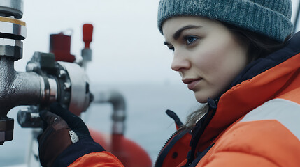 A female oil rig worker adjusting pressure valves. Featuring precision and technical expertise