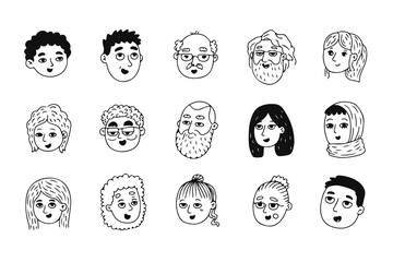 A set of fifteen simple black and white doodle illustrations of diverse people's faces with various hairstyles and expressions.