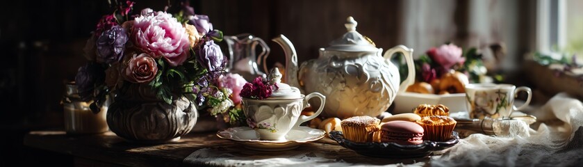 Fototapeta premium Elegant tea set with flowers and pastries.