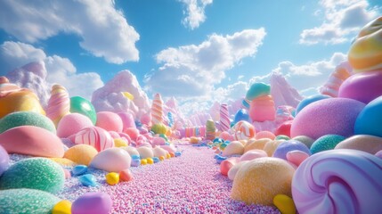 Colorful Candy Landscape with Pastel Hues and Whimsical Path
