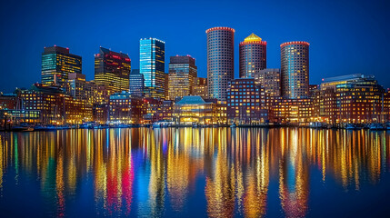 Naklejka premium Illuminated City Skyline Reflections Over Water During Twilight with Vibrant Lights and Modern Architecture in a Bustling Urban Landscape