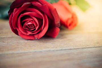 Red rose flower on wooden floor in Valentine's Day