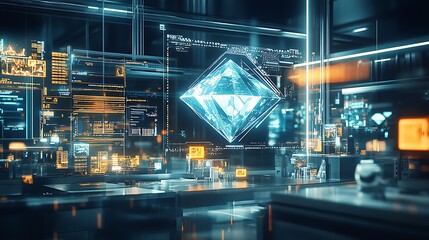 Fototapeta premium Futuristic digital workspace showcasing holographic displays and glowing data interfaces in a tech hub