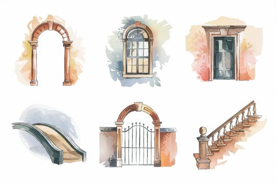 Watercolor illustrations of architectural elements, including arches, windows, doors, and stairs.