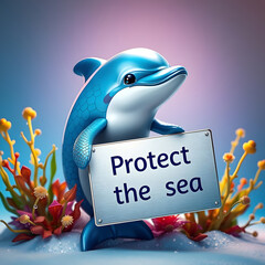 Cute cartoon dolphin holding a sign saying  Protect the Sea.