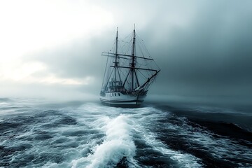 Obraz premium Sailing Ship Navigating Turbulent Waters Under A Stormy Sky in Monochrome Tones