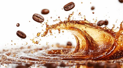 Photography of circular coffee splash swirl, coffee beans and cinnamon sticks floating, isolated on white background