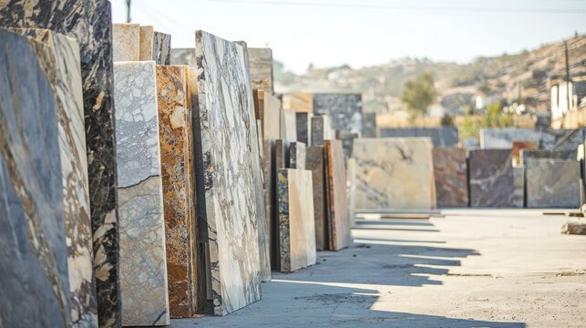 Large slabs of unrefined marble and granite in an industrial stone yard.